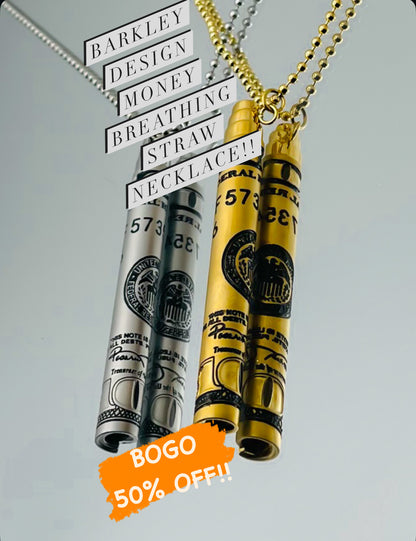 100-Dollar Bill Print Straw Necklace – Stainless Steel Reusable Straw for Coffee or Breathing